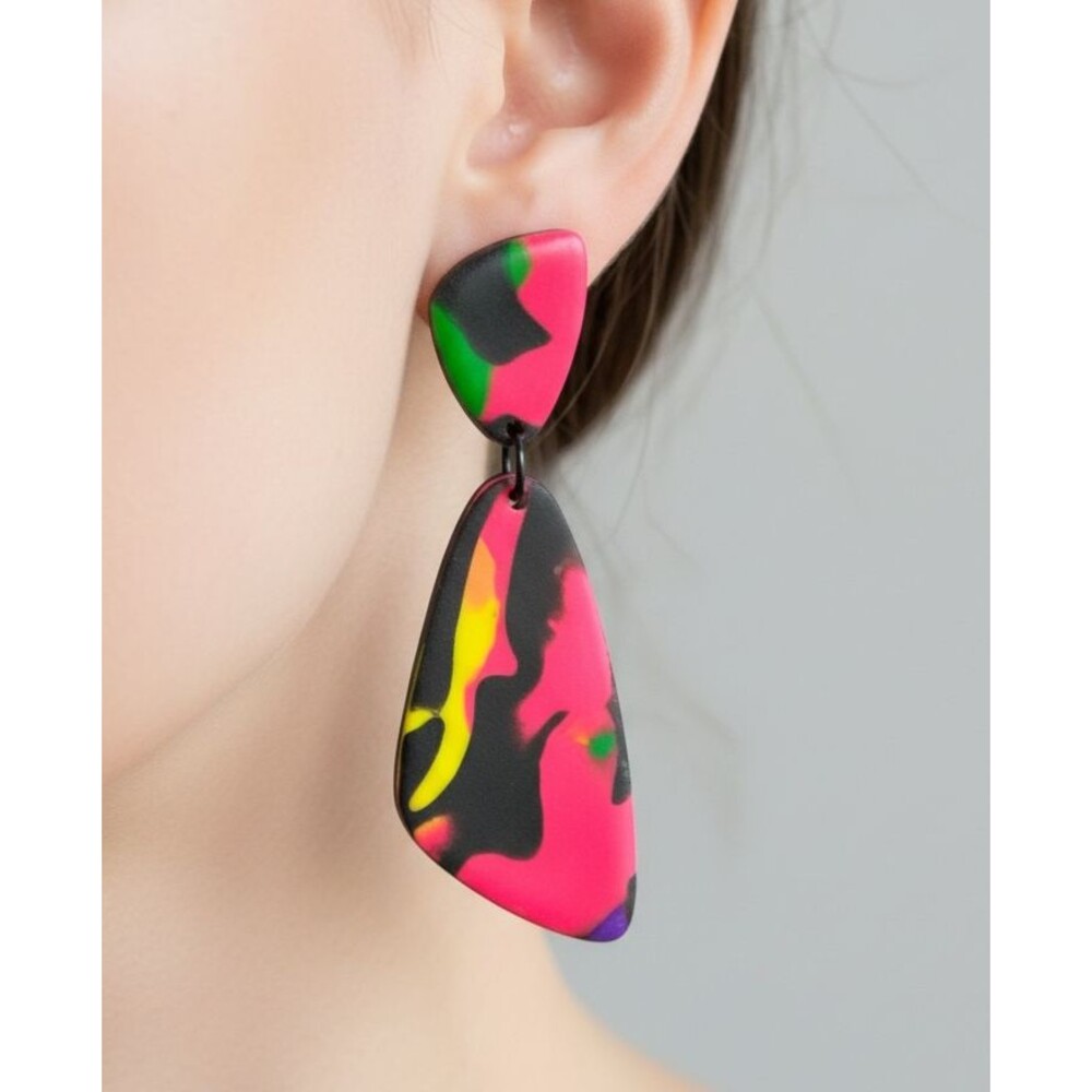 Hot Pink Multicolor Graphic Polymer Clay Colorful Dangle Earrings